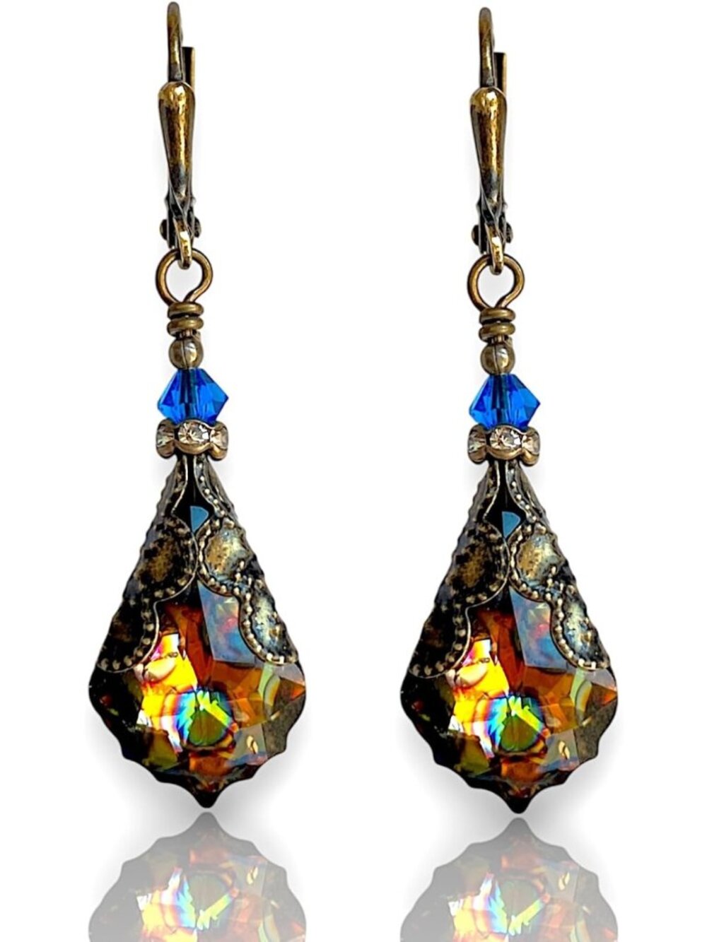 Vintage Victorian Dangle Drop Earrings with Colored Austrian Crystals - Gift for